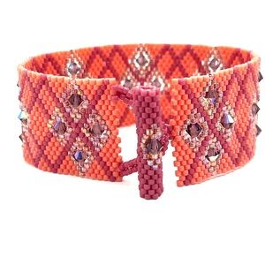 HAND CRAFTED Coral Seed Bead Bracelet with Purple Crystal